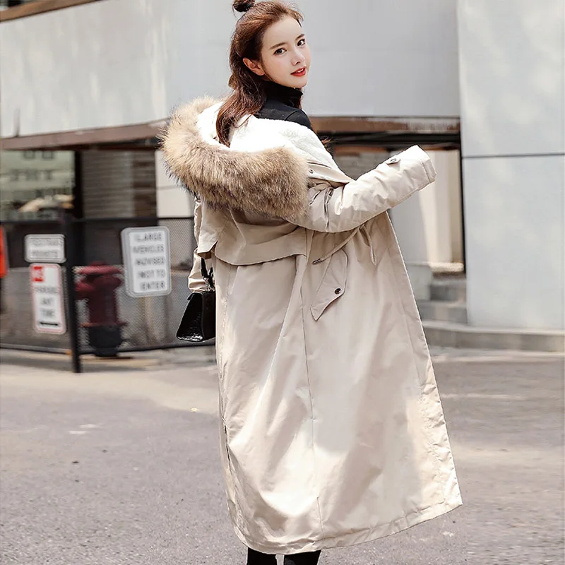 Зимнее женское пальто, парка, воротник из меха норки, Корейская версия, модная подкладка из кроличьей шерсти, Длинная женская одежда из хлопка, пальто - Цвет: Beige