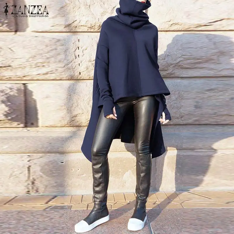 Женские толстовки с капюшоном, ZANZEA, модные топы, Sudaderas Harajuku, ассиметричные толстовки, толстовка с высоким воротником, уличная одежда, 5XL