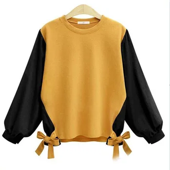 

Cotton Blusas Kimono Women Autumn Winter Patchwork Lace-up Bow Blouses Europe Loose Female Shrit Tops Plus Size L-4xl AA112