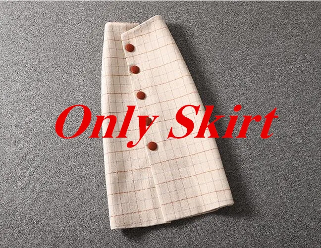 Only Skirt Модный Элегантный женский костюм вязаный пуловер с бабочкой и рюшами Топы и Клетчатая Шерстяная Юбка средней длины на пуговицах Женский комплект 2 шт - Цвет: Only Skirt