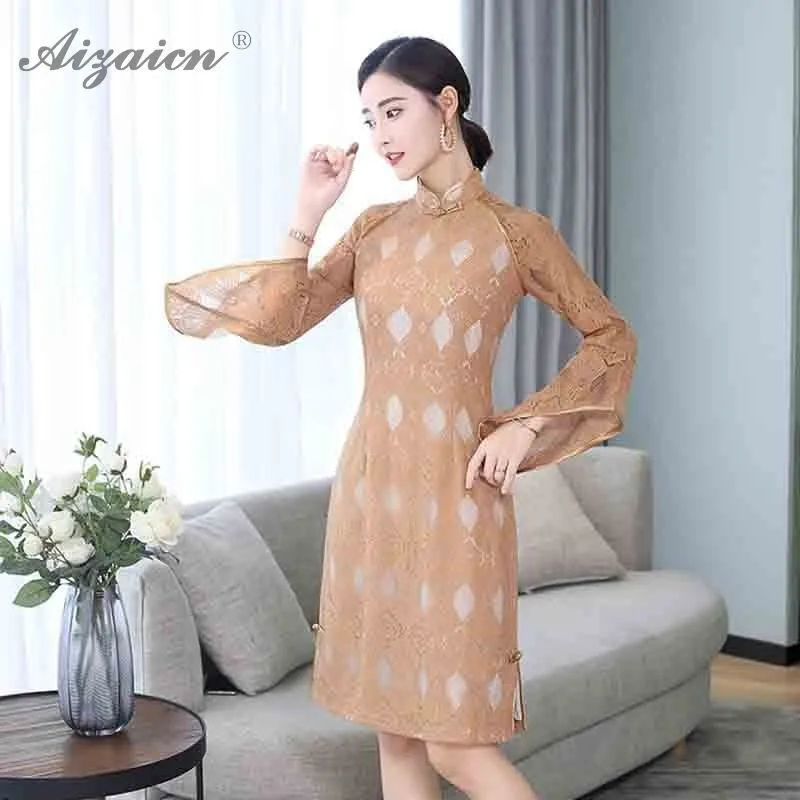 Китайский современный длинный Чонсам кружевное платье Qipao Женская Китайская традиционная одежда Восточный стиль Femme элегантное женское платье Qi Pao