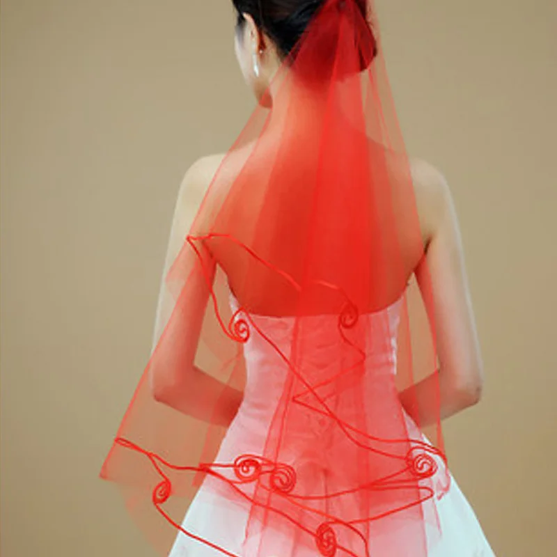 Женская 150 см Однослойная свадебная вуаль с кружевной кромкой, Красная белая короткая свадебная вуаль, свадебные и праздничные повязки на голову для невесты, подарок