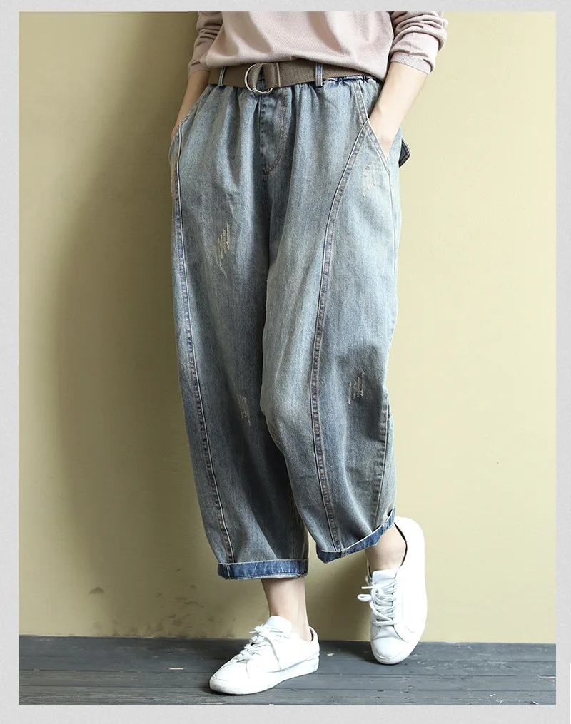Autumn Winter Jeans Women Elastic Waist Loose Casual Denim Pants New Ladies Washed Pocket All-match Denim Trousers