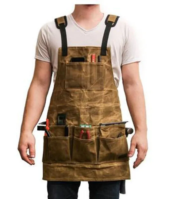 

Hot Waxed Canvas apron oil wax cloth Multiple pockets with tools Senior Shoulders Chef apron for BBQ Men waterproof cooking logo