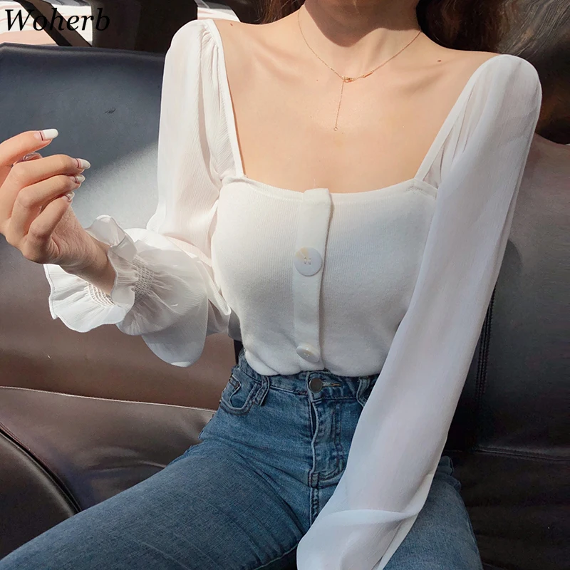 

Woherb Chiffon Patchwork Blouse Square Collar Long Sleeve Shirts Solid Slim Waist Tops Female Korean Style Fashion New 91220