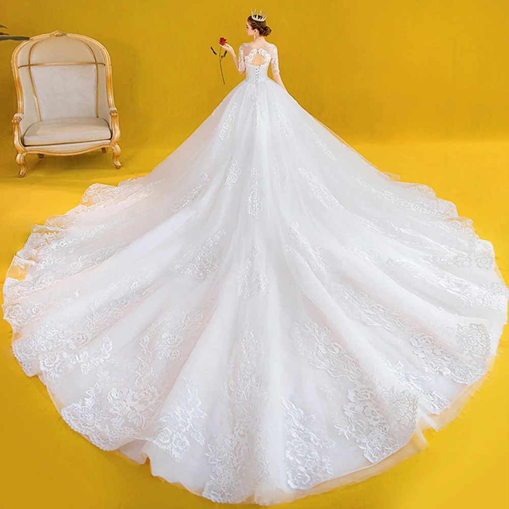 Abiti Da Sposa изготовленный на заказ половинный рукав v-образный вырез шнуровка сзади аппликации Белое Бальное платье Свадебные платья с подъюбником Gelinlik