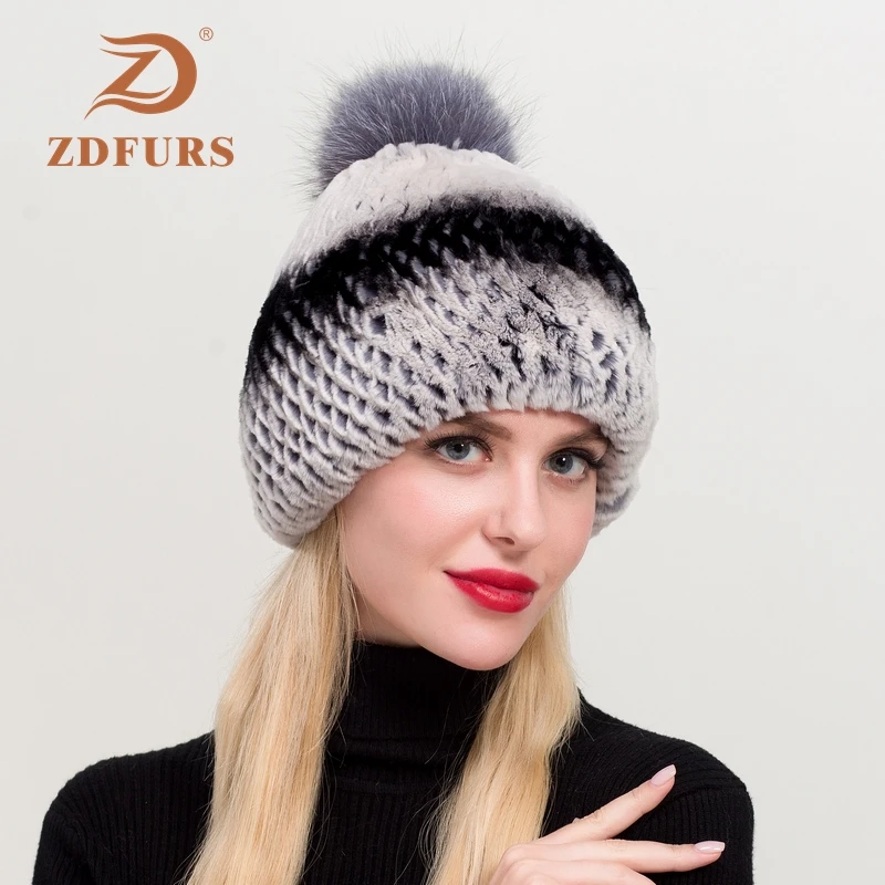 ZDFURS* Женский вязаный Настоящий мех кролика шапочки шапки Серебристые помпоны из лисьего меха кролика рекс шапка натуральный мех кролика рекс шапка
