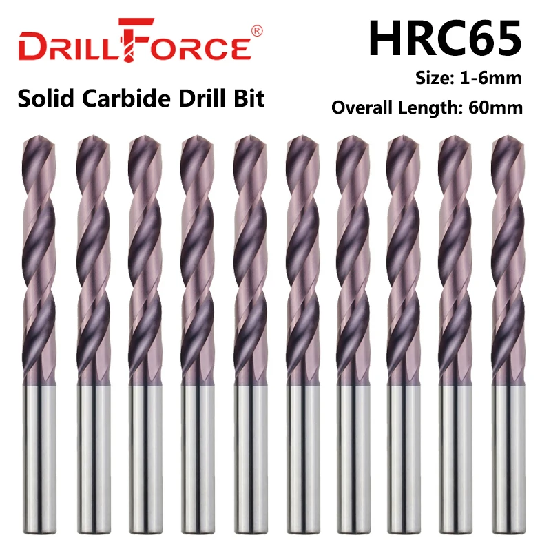 Drillforce 10pcs 1mm6mmx60mm Oal Hrc65 Solid Carbide Drill Bits Set