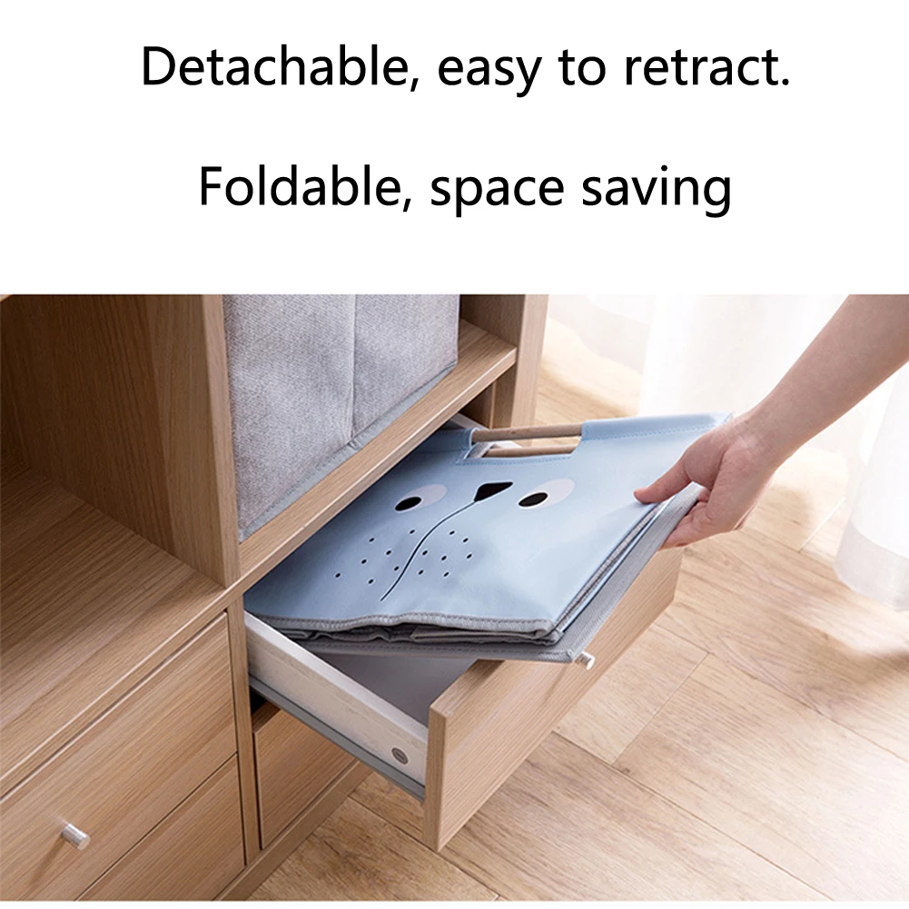Practical Kitchen Pouch Cartoon Underwear Storage Basket Removable Foldable Cosmetic Home Organizer Wooden Handle Box Table - Цвет: Синий