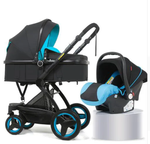 Black Blue 3 in 1 Роскошная детская коляска 3 в 1 с автокреслом с высоким пейзажем, коляска для новорожденных, дорожная система, детская тележка, ходунки, складная Коляска - Цвет: Black Blue 3 in 1