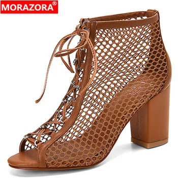 

MORAZORA 2020 new arrive women ankle boots peep toe mesh short boots lace up summer high heel boots ladies casual shoes