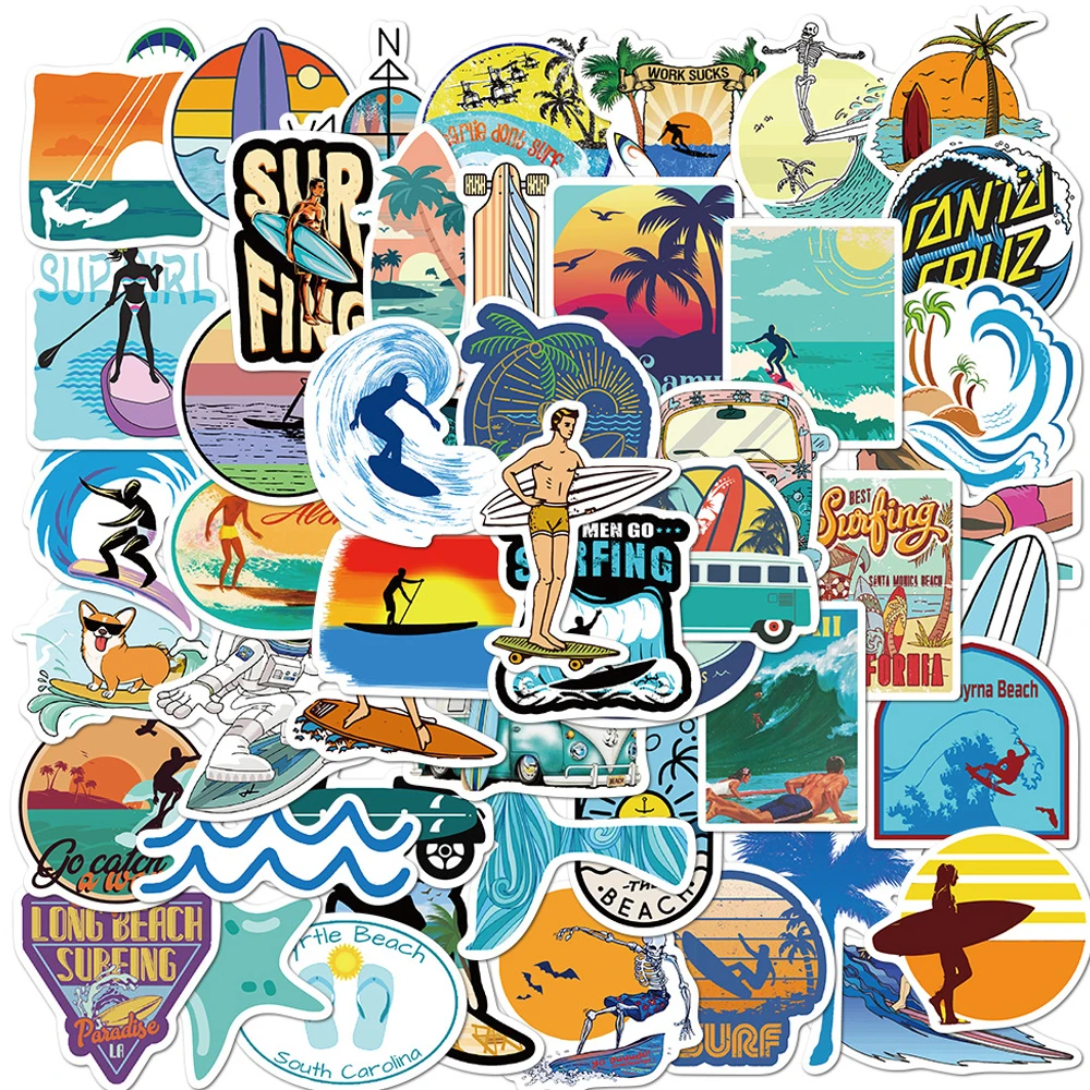 

50PCS Outdoor Surf stickers Sports Tropical Beach Surfing Waterproof Stickers To DIY Surfboard Car Skateboard Sticker Kid Toys