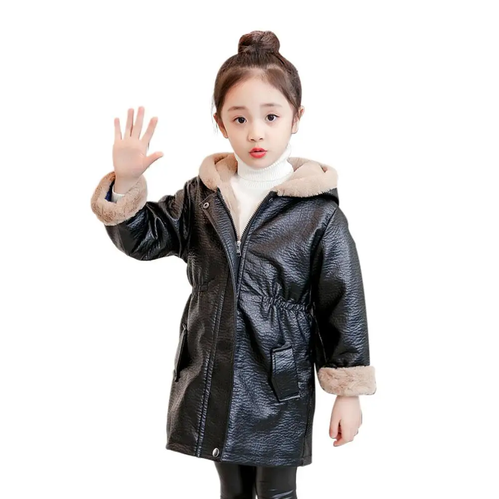Kuulee Girls Leather Jacket Thicken Velvet Coat Outwear Long Version Cardigan Hoodie
