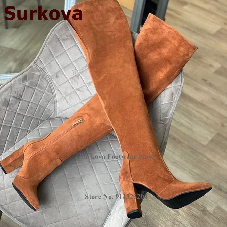 Surkova Brown Velvet Chunky Heel Thigh High Boots Women Chunky