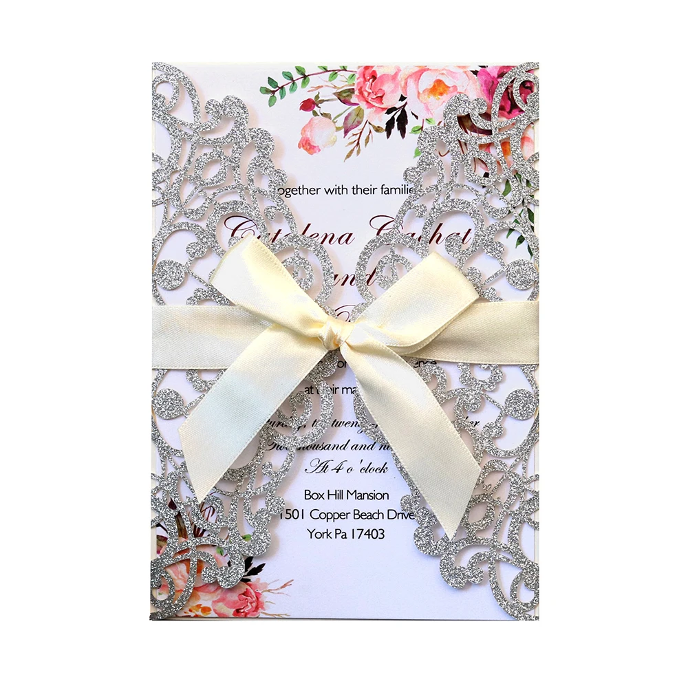  10pcs/Set Exquisite Glitter Paper Laser Cut Wedding Invitation Card With Ribbon Personalized Weddin - 4.00023E+12