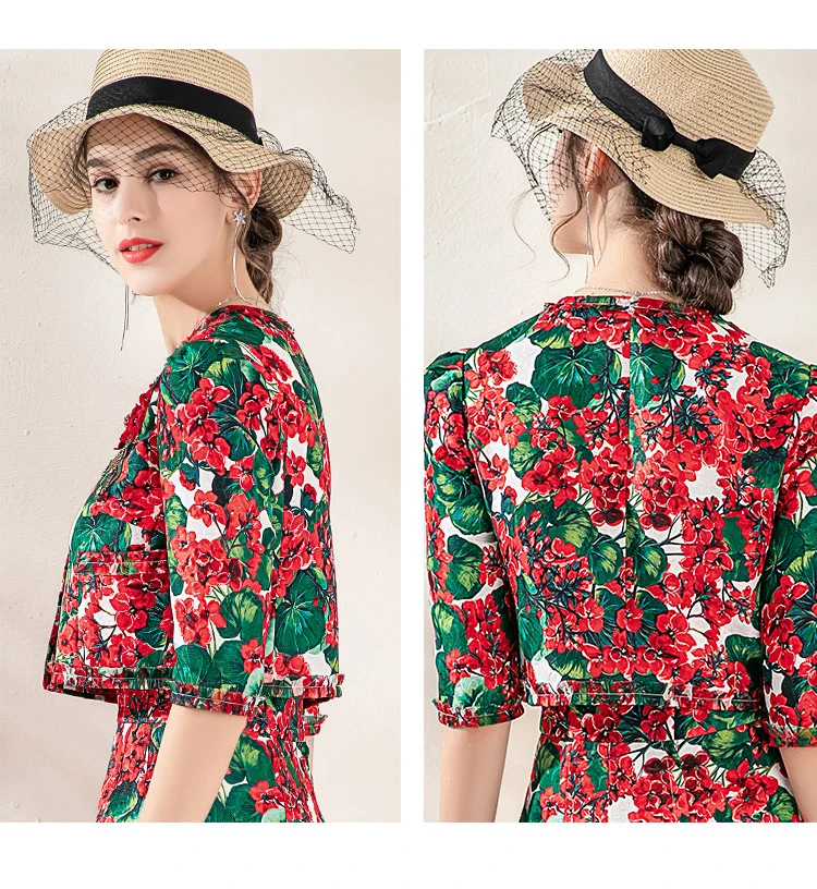 LINGHAN Elegant Print Beading Sets Fashion Appliques Long sleeve short Blouses+ High waist Mini Skirt Two Pieces Sets