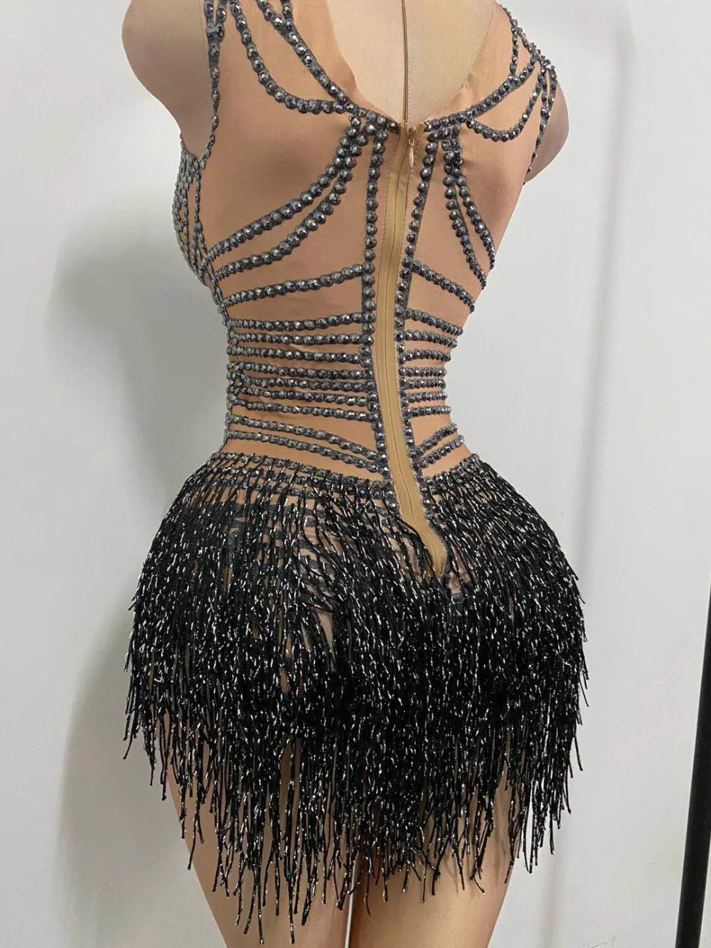 brown bodysuit Fashion Tight Fitting Crystal Tassel Nude Dancer Bodysuit Women Sleeveless Elastic Rhinestone Leotard Nightclub DS Dance Outfits bodysuit top