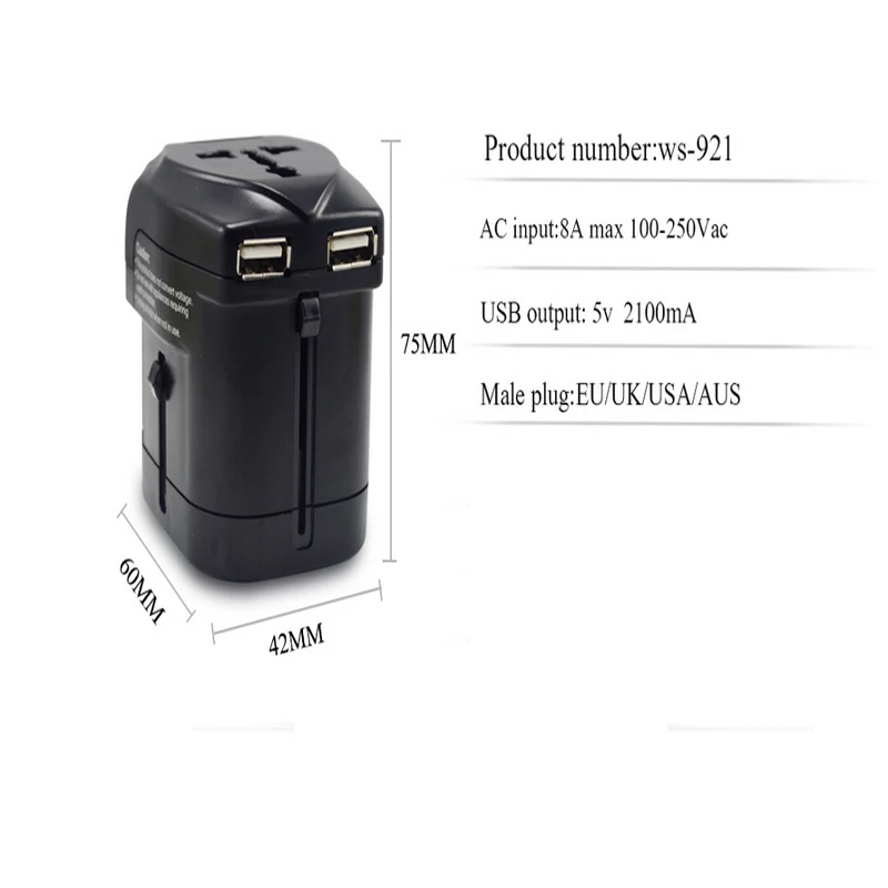 2USB 2100MA зарядный Универсальный дорожный адаптер Все-в-одном международный мир Путешествия Силовой преобразователь переменного тока разъем адаптера
