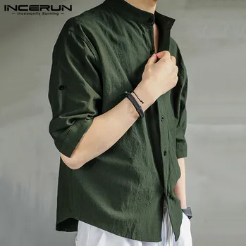 

INCERUN Men Shirt Cotton Stand Collar Breathable 3/4 Sleeve Harajuku Pockets Streetwear Tops Solid Color Men Casual Shirts S-5XL