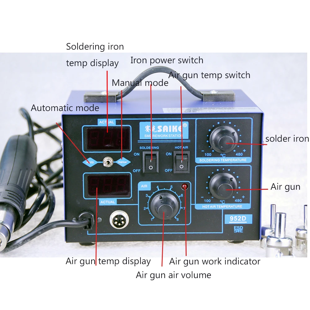 Saike 952D 2 в 1 SMD паяльная станция горячего воздуха пистолет паяльник цифровой мобильный телефон ремонт бытовой сварочные инструменты