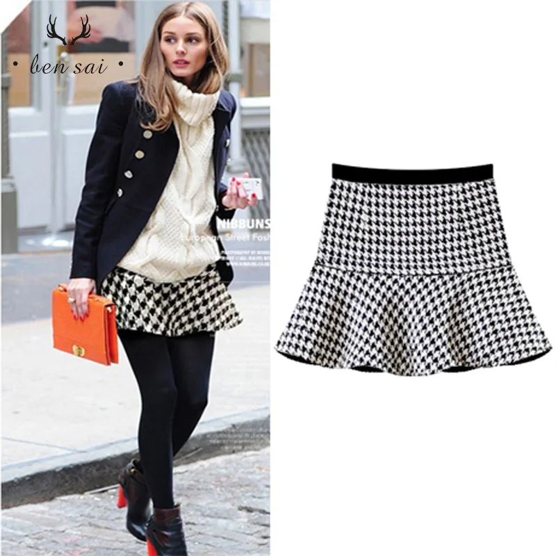 Женские модные короткие юбки, женская повседневная юбка с узором «гусиная лапка», Женская плиссированная юбка с эластичной резинкой на талии, новинка зимы