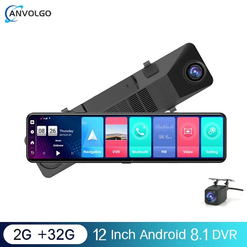 12" Car Rear View Mirror Video Recorder 2GB+32GB 4G ADAS GPS Navigation Android 8.1 DVR Dual Lens Recording Dash Camera Free Map