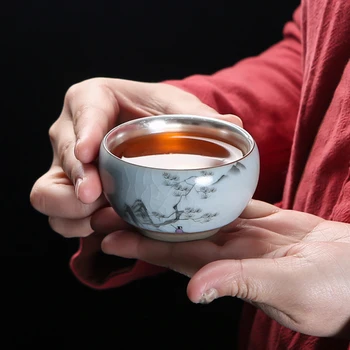 

110ml 999 Pure Silver Teacup Handmade Ceramic Hand-painted Cup Master Small Tea Bowl Drinkware Teaware Container Collection Cups