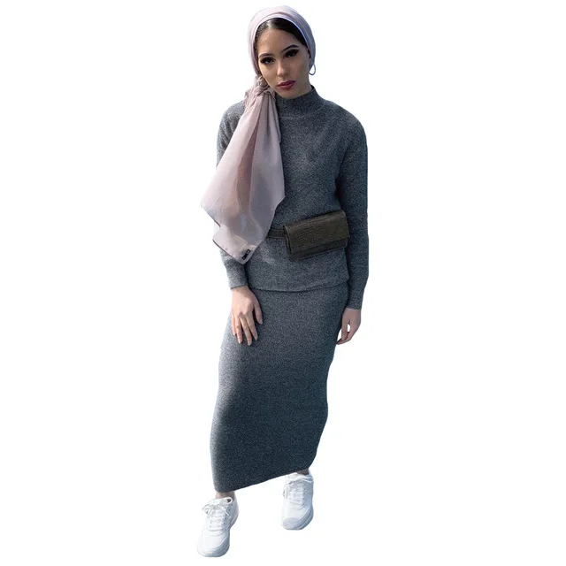 Трикотажный комплект из двух предметов для женщин abaya Дубай мусульманский топ с высокой талией макси юбка костюм Исламская одежда Conjunto Feminino Ensemble Femme - Цвет: Серый