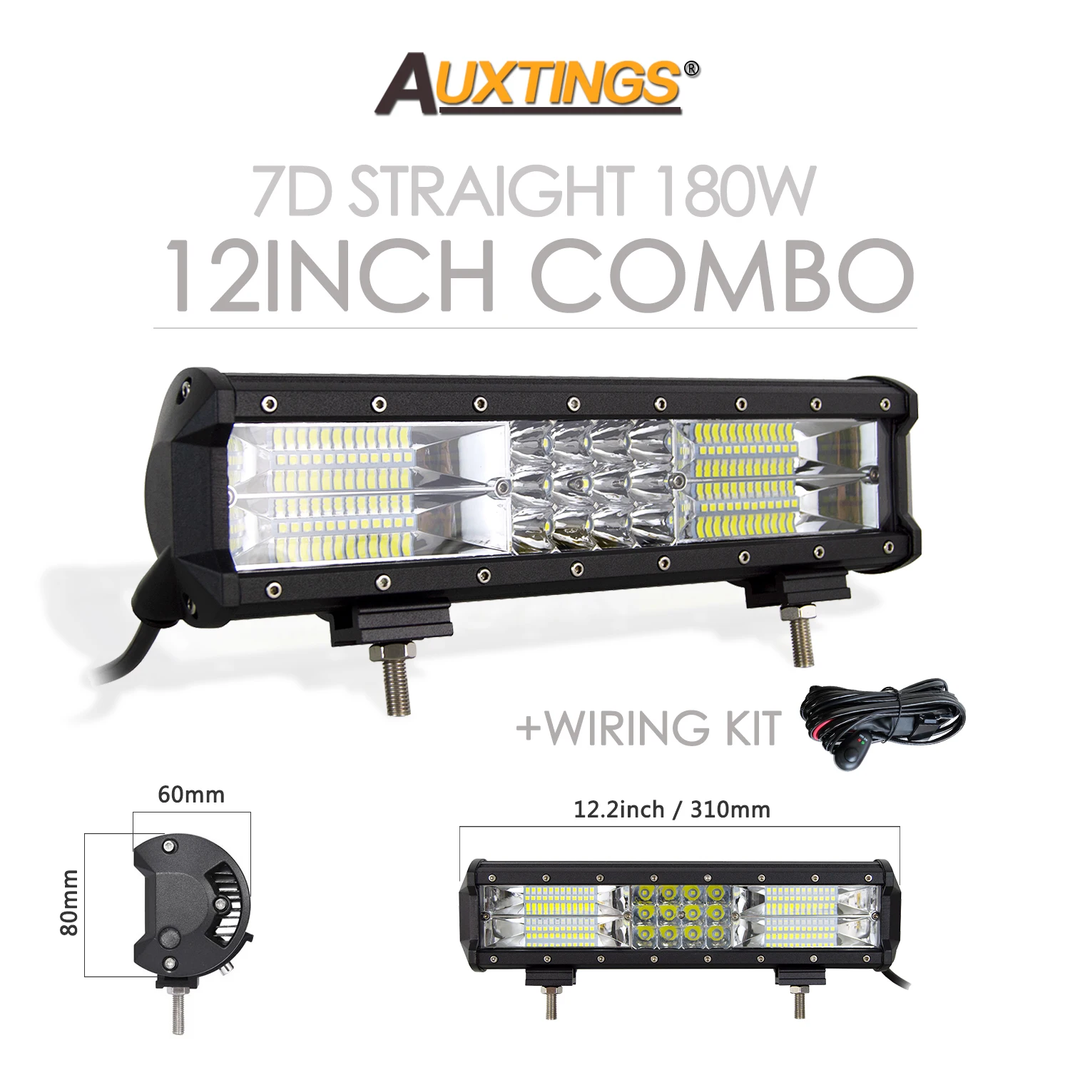 Auxtings 12-45in 180W-612W Tri-Row 7D LED Light Bar Offroad Led Bar Combo Led Work Light Bar for Truck SUV ATV 4x4 4WD 12v 24V — Color: 12in with wire