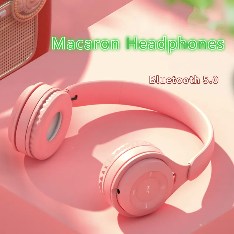 2020 New Macaron Headphones Bluetooth Wireless Mini Headsets PS4 Game Gaming Stereo Headband for Students Kids Gift Pink Green