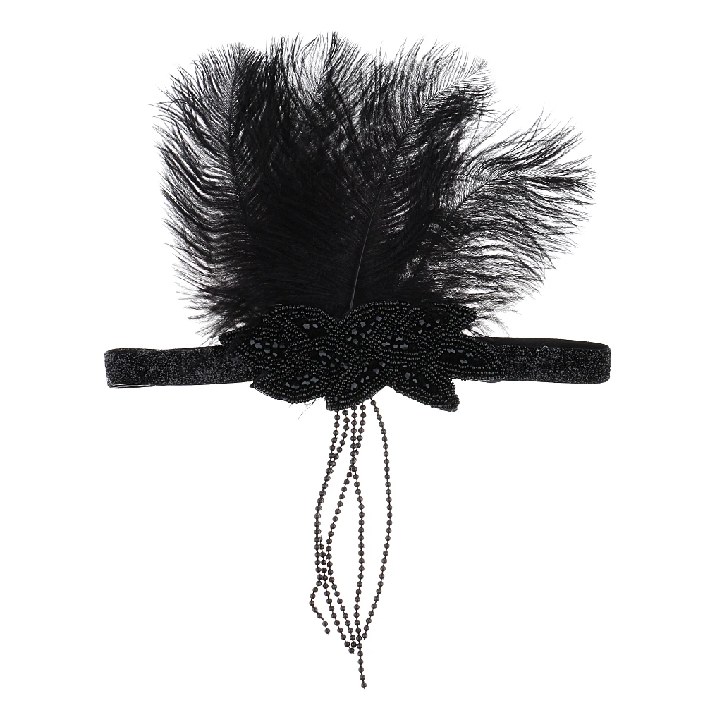 Vintage Elegant Bridal Headpiece Black Plume Headband Beads Tassel Wedding Headpiece Flapper Dress Up