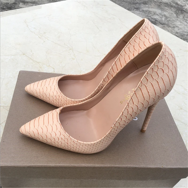 

Brand fashion new pointed apricot high heel exquisite snake pattern elegant single shoes 12cm high heel ladies party shoes