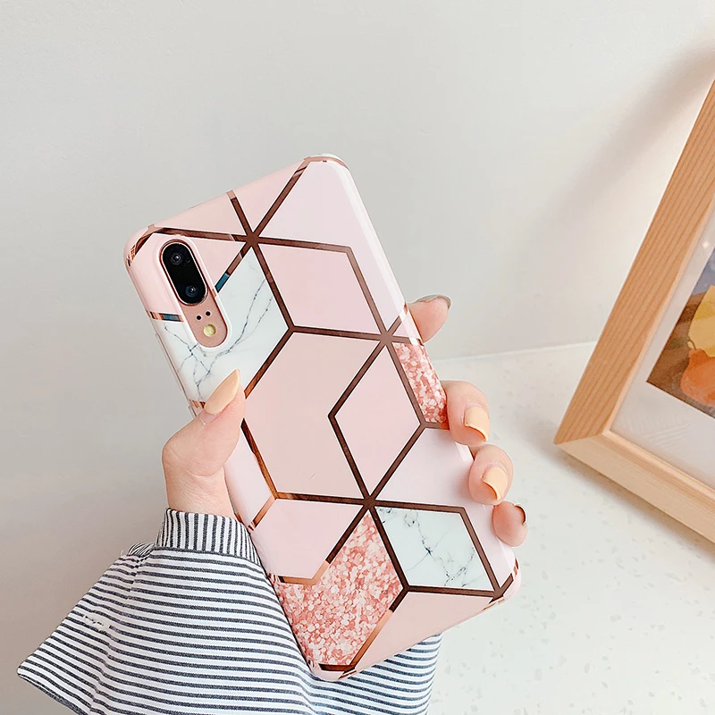 Покрытые розовыми геометрическими мраморными чехлами для телефонов huawei P20 P30 Pro Lite mate 20 Pro Lite противоударные мягкие IMD задняя крышка conque