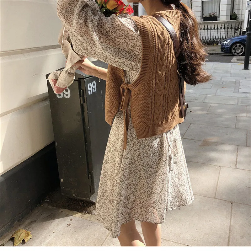 Винтажный вязаный свитер без рукавов Однотонный на шнуровке сбоку 2 цвета