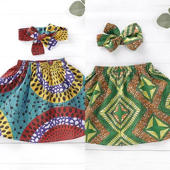

2020 New Girls African Fashion Style Dashiki 5Colors Printed Summer Skirt With Headband Children National Cotton Africa Clothing