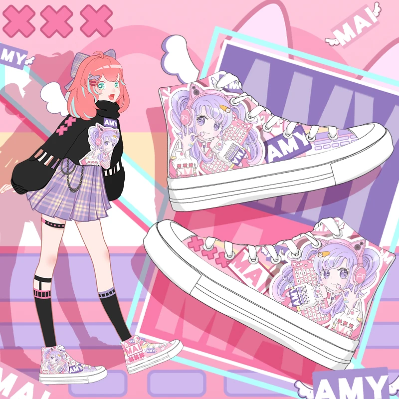 

Amy and Michael Fashion Anime Cartoon Girls Sneakers Vulcanized Female Students kawaii High Top Casual Hand Painted Canvas Shoes