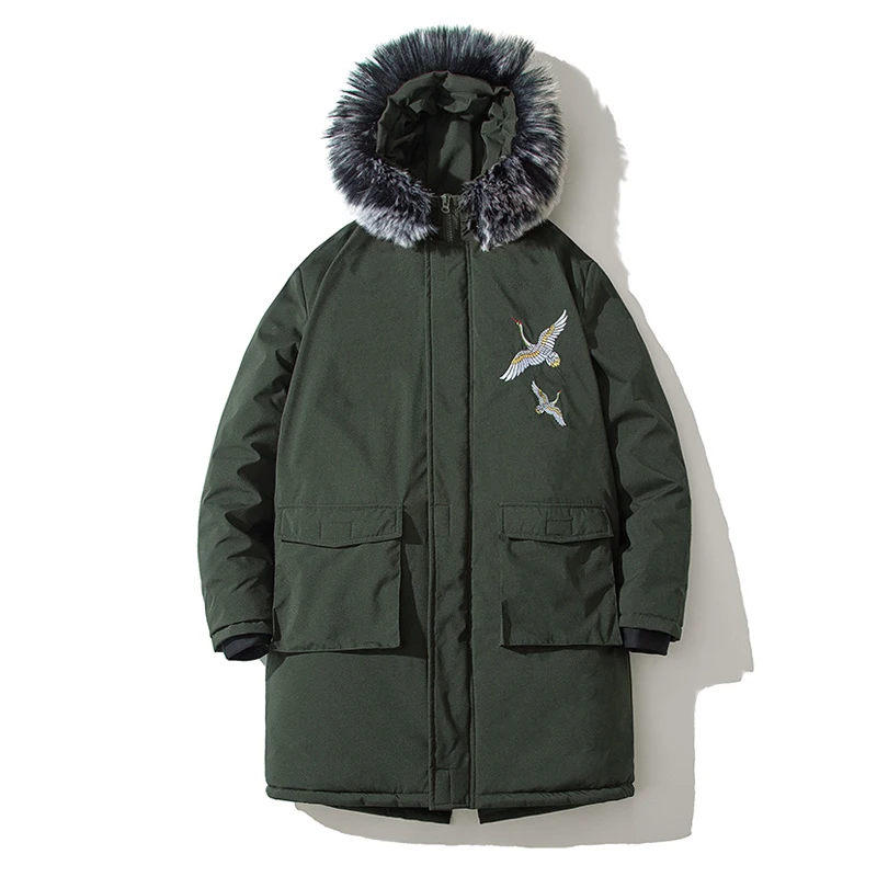 Fur Collar Hooded Down Jackets Men Winter Thicken Warm Long Cotton Padded Parkas Men Overcoats New Embroidery Long Coat Men