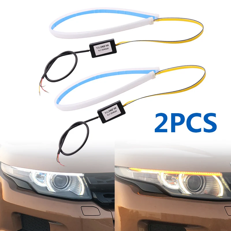 

New 2pcs White/Amber Light Stripe 60CM Slim Amber Sequential Flexible LED DRL Turn Signal Strip For Headlight