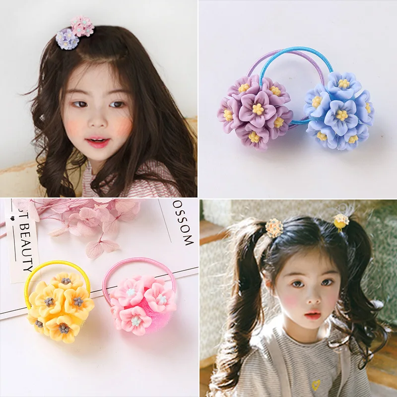 2pcs/set Girl Hair Accessories Elastic Hair Band Ponytail Candy Color Hair Decor Cute Flower Diameter 4cm