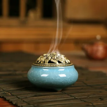 

Three Foot Small Incense Censer Ceramic Incense Sandalwood Incense Antique Ice Crack Buddha Incense Burner Peony Copper Cover