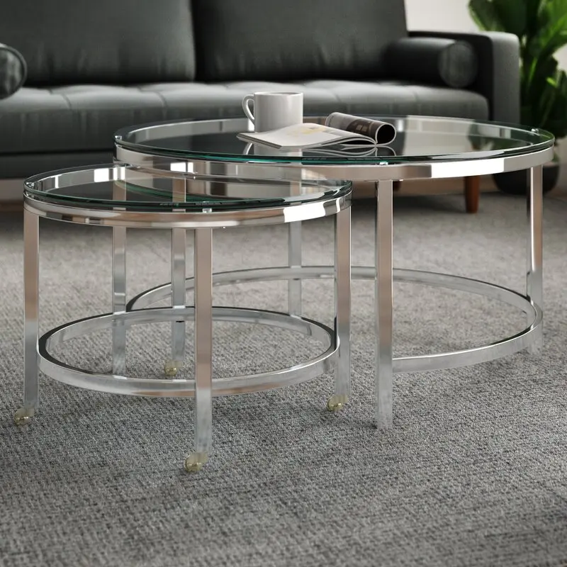 Glass Round Nesting Coffee Table Living Room Accent Ottoman Set Of 2