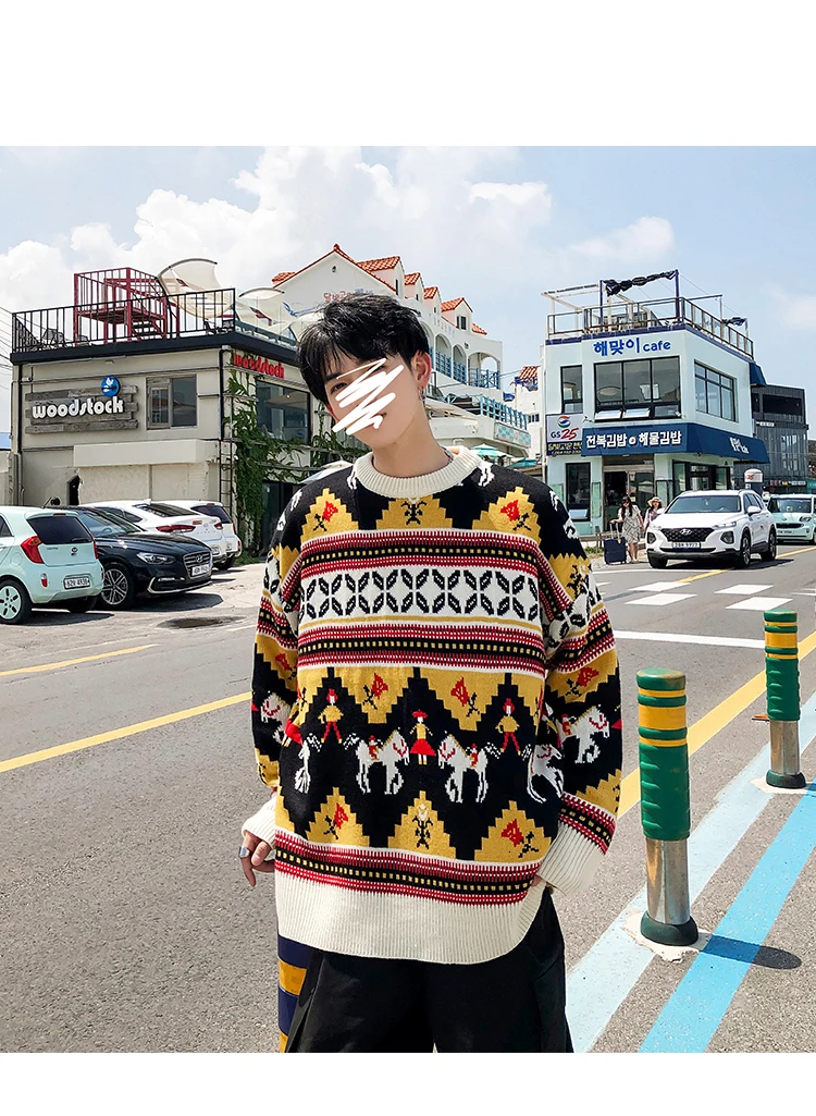 Winter Men's Red Blue Yellow Color Loose Pullover Round Neck Printing Knitting Keep Warm Man Sweater High-quality Coat M-2XL