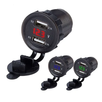 

Dual USB charger socket adapter LED display with dust cover power socket car motorcycle (output 5V2.1A / input 12V24V)