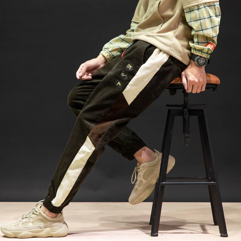 Men Fashion Cotton Corduroy Pants Sweatpants Autumn casual Pants stitching elastic Retro Harem pants tide trousers - Цвет: Коричневый