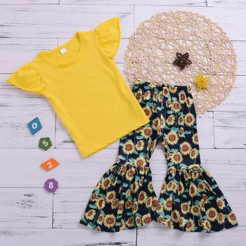 

kids dresses for girls solid color yellow shirt top+black sun flower trousers bell-bottomed pants for 1-6T