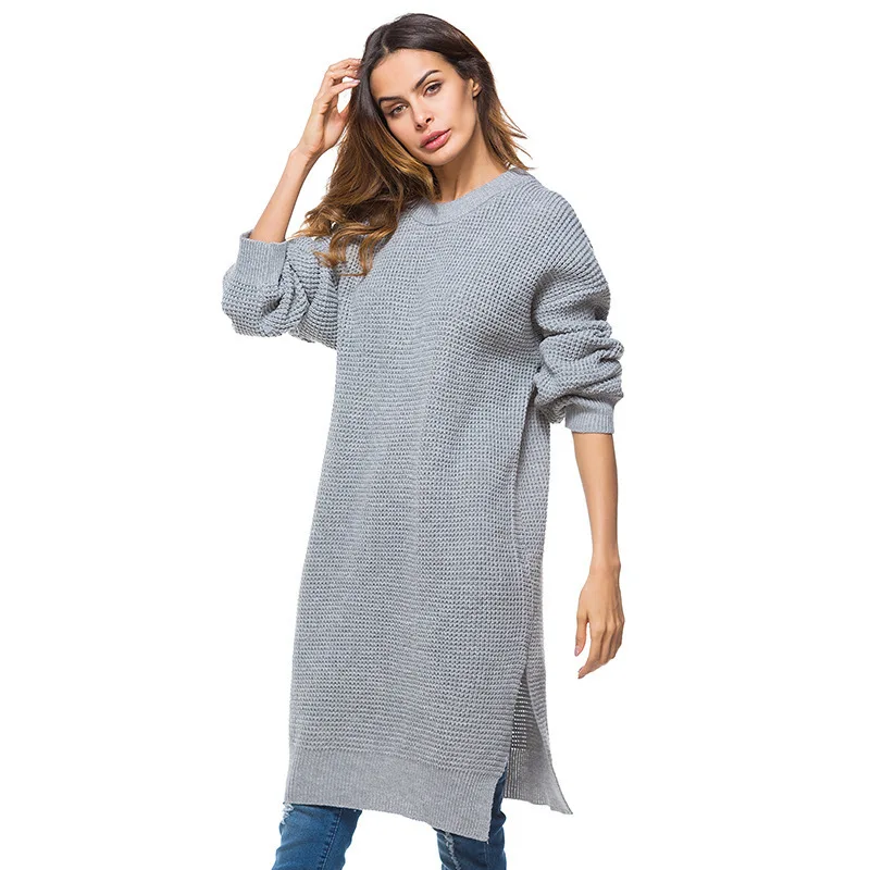 Модное осенне-зимнее вязаное длинное платье-свитер с длинным рукавом и круглым вырезом, женские повседневные пуловеры, женская уличная одежда до колена