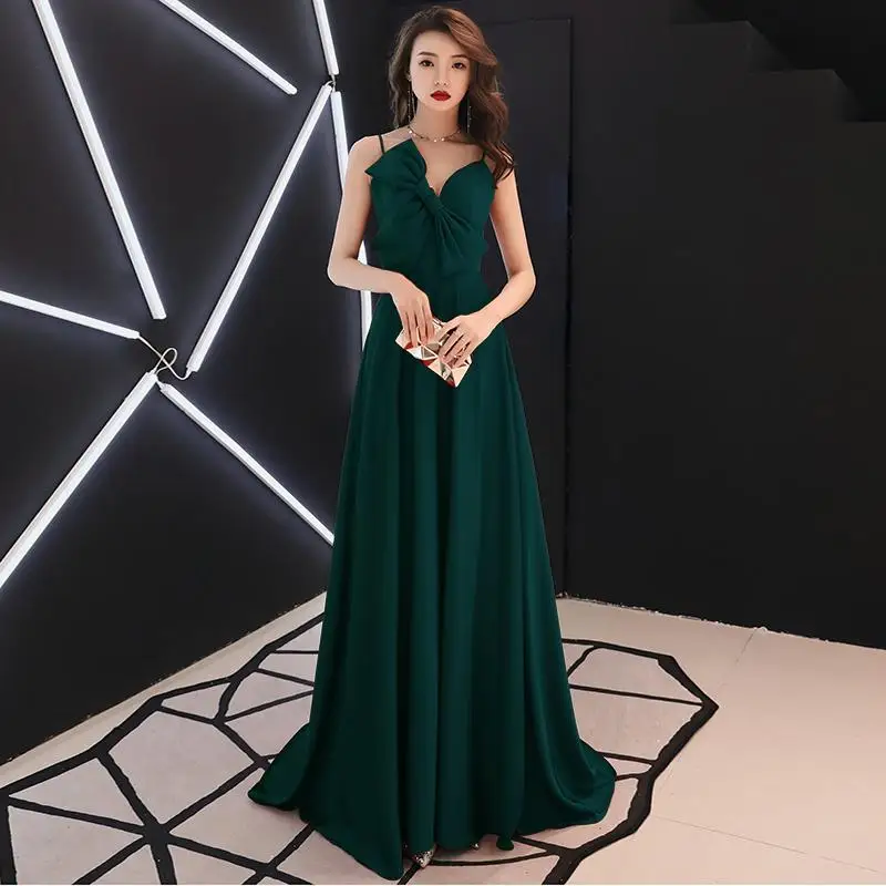 Женское элегантное сатиновое вечернее платье, черное, на одно плечо, Cheongsam, благородный бант, Qipao, сексуальное, v-образный вырез, Vestidos De Festa - Цвет: Blackish green long