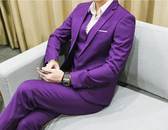 purple Новые мужские деловые повседневные тонкие однотонные костюмы из трех предметов большого размера M-6XL(пиджак+ брюки+ жилет) свадебное платье для жениха - Цвет: purple