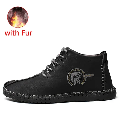 Black with Fur JUNJARM, модные мужские ботинки высококачественные зимние ботильоны из спилка теплая зимняя обувь на меху с плюшевой подкладкой на шнуровке большой размер 38-48 - Цвет: Black with Fur