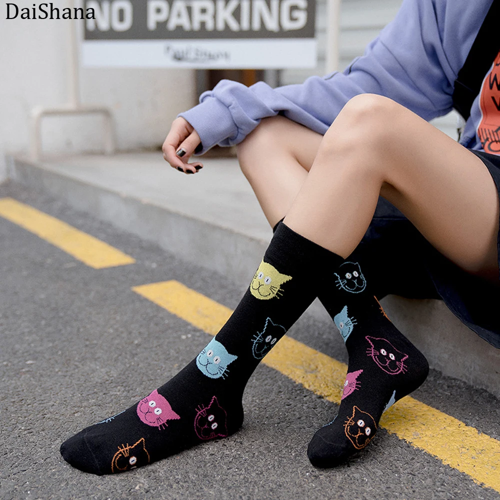 DaiShana/Новое поступление, женские носки Харадзюку, хлопковые носки с рисунком кошки, собаки, счастливые носки унисекс, модные повседневные носки для девочек, Meias